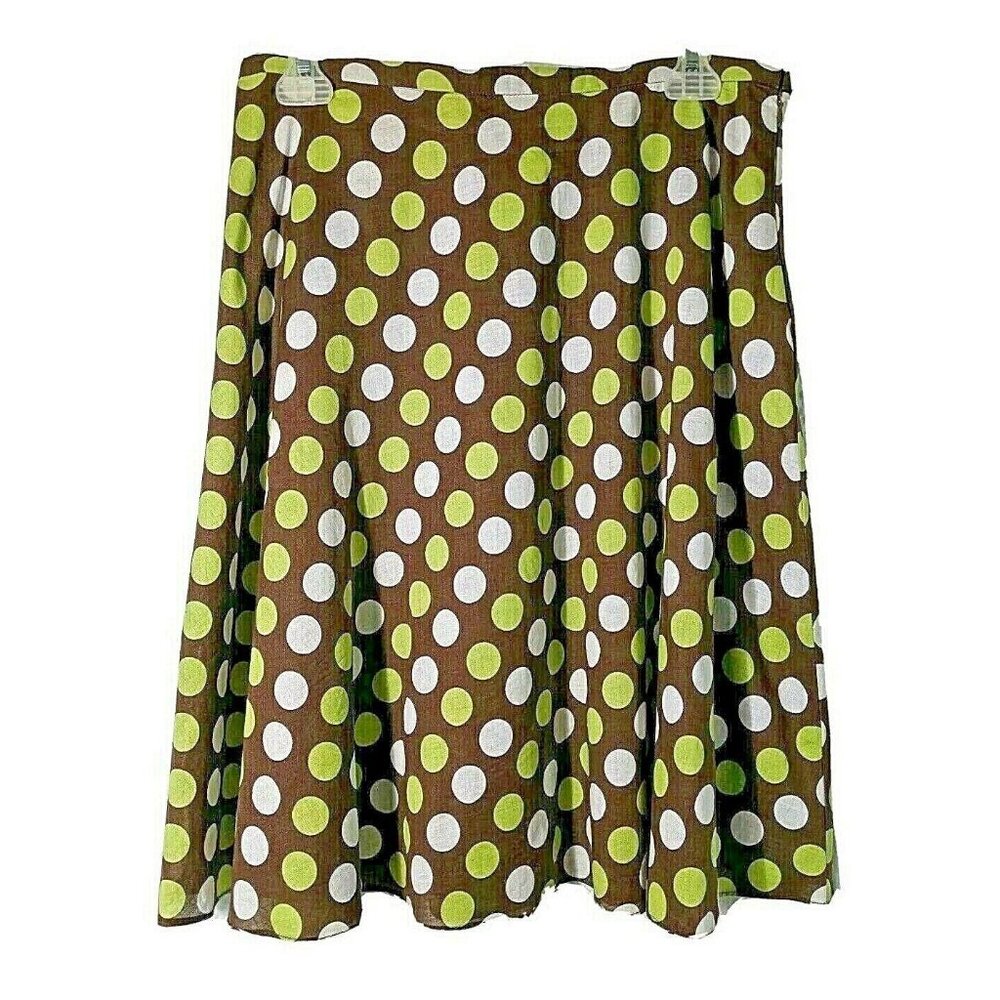 Skirt A-Line Womans Size 10P Cotton Brown w/ Lime Green & White Polk-A-Dots